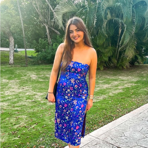 NWOT Lulus Make a Move Blue Satin Floral Jacquard Strapless Midi Dress - Picture 10 of 15